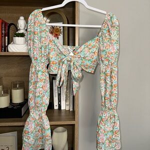 Floral Smocked Long Sleeve Crop Top